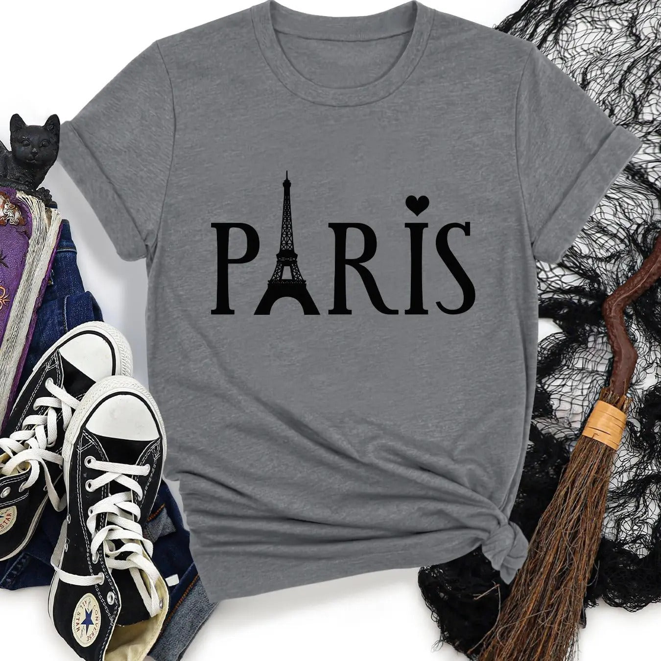 Women's Eiffel Tower & Letter Print Round Neck Tee, Trendy Casual Short Sleeve T-Shirt for Daily Wear, Ladies All Seasons...