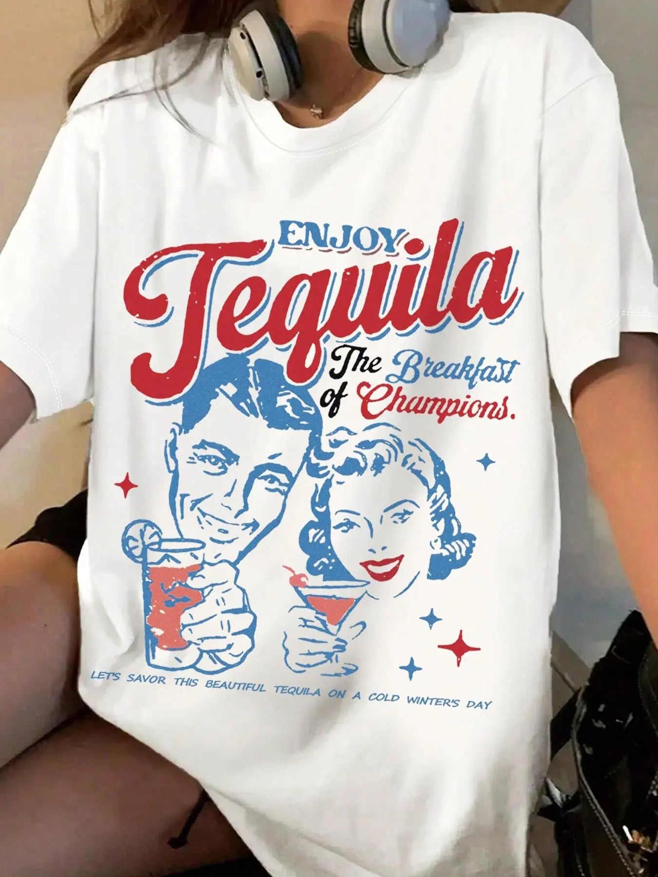 Women's Enjoy Tequila The Breakfast Of Champions Graphic Round Neck Tee, Vintage Trendy Casual Short Sleeve T-shirt for...