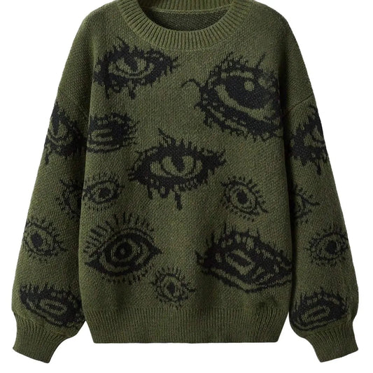 Women's Eye Print Drop Shoulder Sweater, Casual Long Sleeve Round Neck Jumper for Fall & Winter, Fashion Ladies' Knitwear...