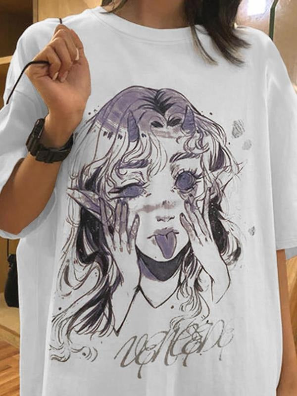 Women's Face Print Round Neck Graphic Tee, Casual Short Sleeve T-Shirt for Daily Wear, Ladies All Seasons Hoodie, Sweatshirt