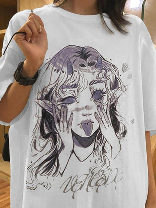 Women's Face Print Round Neck Graphic Tee, Casual Short Sleeve T-Shirt for Daily Wear, Ladies All Seasons Hoodie, Sweatshirt