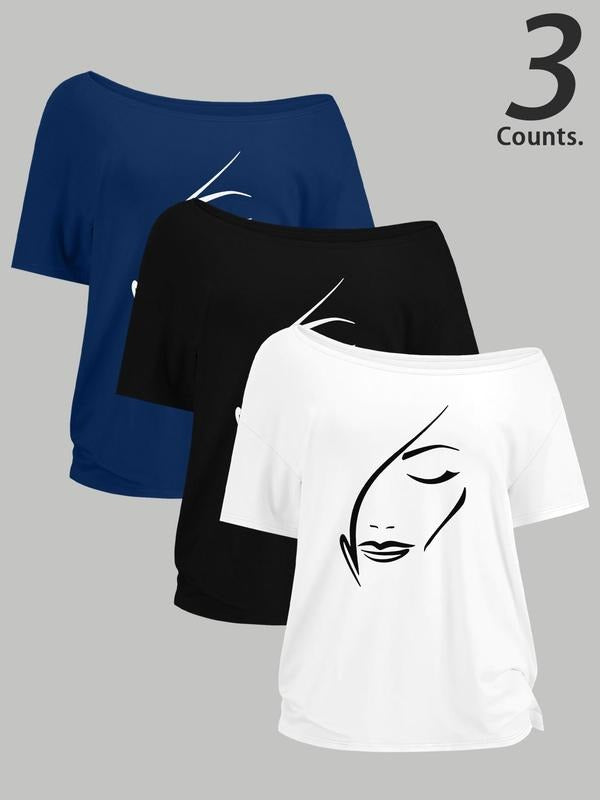 Women's Face Print Tee, Casual Shoulder Pad Short Sleeve T-shirt for Daily Wear, Ladies Clothes for All Seasons Hoodie,...
