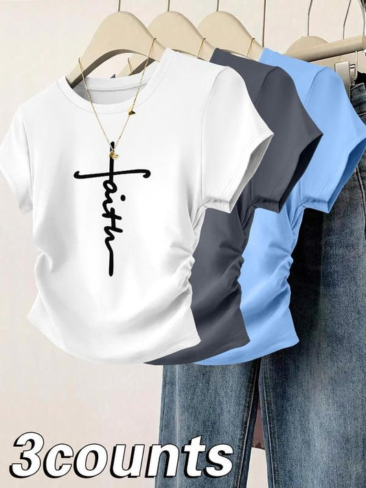Women's Faith Letter Print Round Neck Tee, Casual Short Sleeve Crew Neck T-shirt for Daily Wear, Ladies Clothes for All...