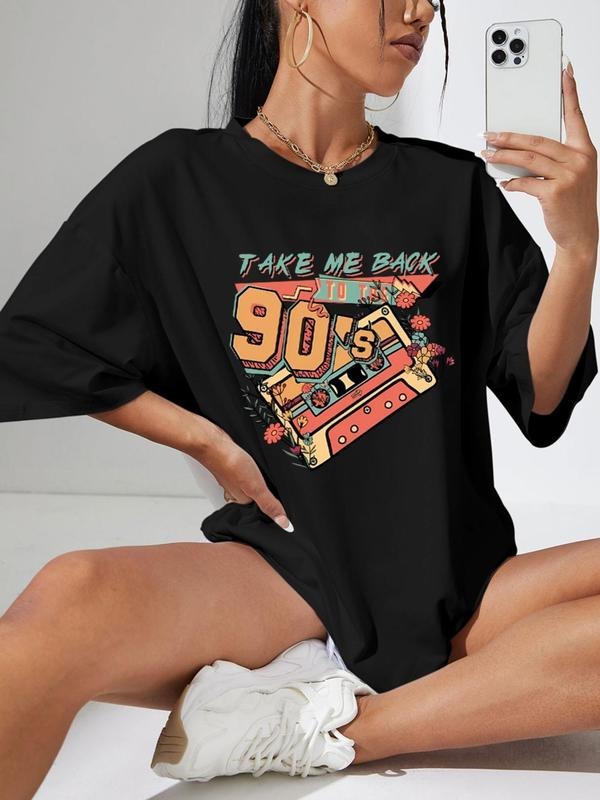 Women's Figure & Letter Graphic Drop Shoulder Tee, Casual Half Sleeve Round Neck T-Shirt for Daily Wear, Ladies Clothes...
