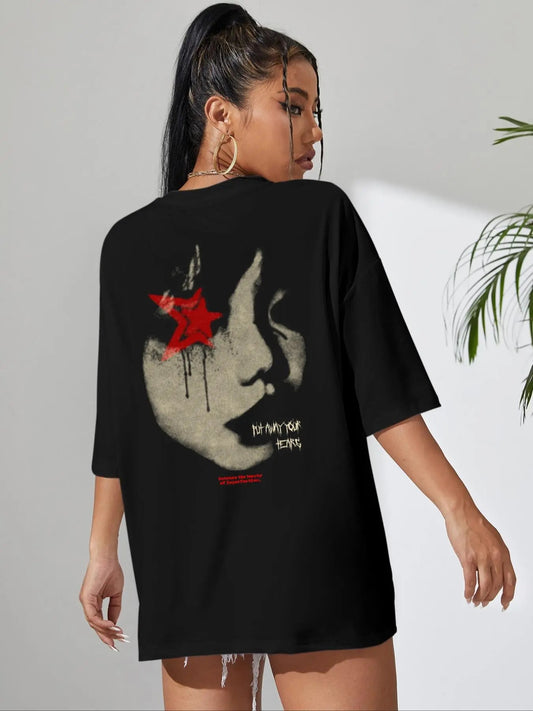 Women's Figure & Letter Print Drop Shoulder Tee, Casual Half Sleeve Round Neck T-Shirt for Summer, Fashion Women's Top...