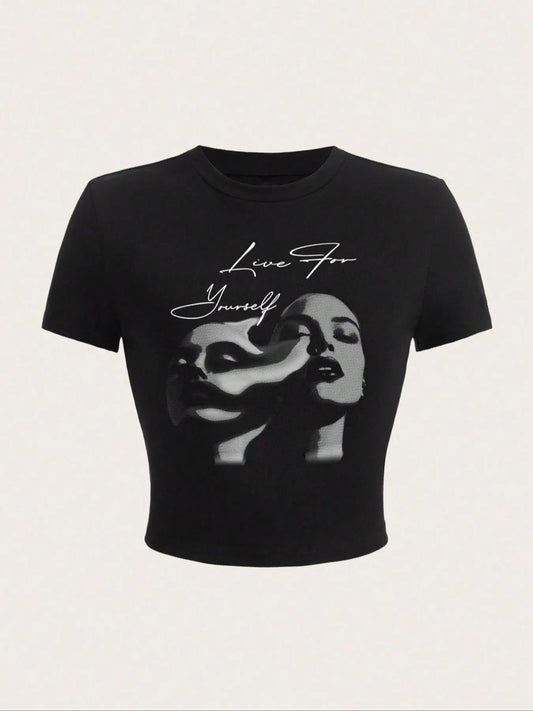 Women's Figure & Letter Print Round Neck Crop Tee, Casual Short Sleeve Crew Neck T-Shirt for Summer, Streetwear Women's...