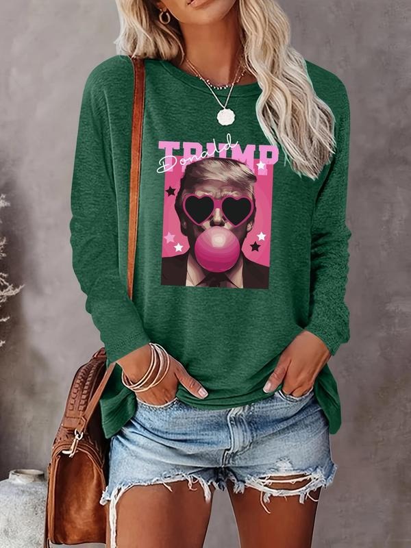 Women's Figure & Letter Print Round Neck T-shirt, Casual Long Sleeve Crew Neck T-shirt for Daily Wear, Ladies Clothes for...
