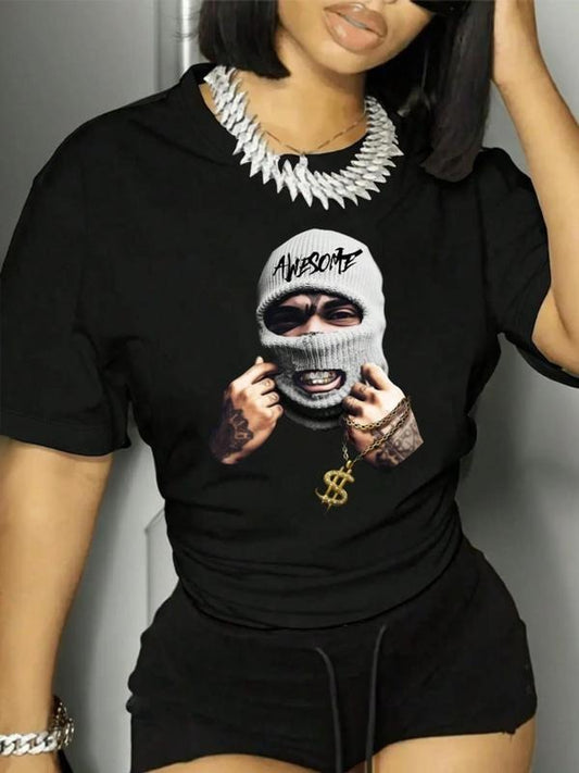 Women's Figure & Letter Print Round Neck Tee, Fashion Casual Crew Neck T-shirt for Daily Holiday Vacation Outdoor Wear,...