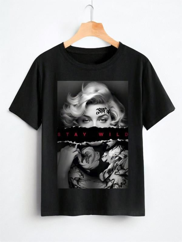 Women's Figure & Letter Print Round Neck Tee, Fashion Casual Short Sleeve T-shirt for Daily Wear, Ladies Summer Clothes,...