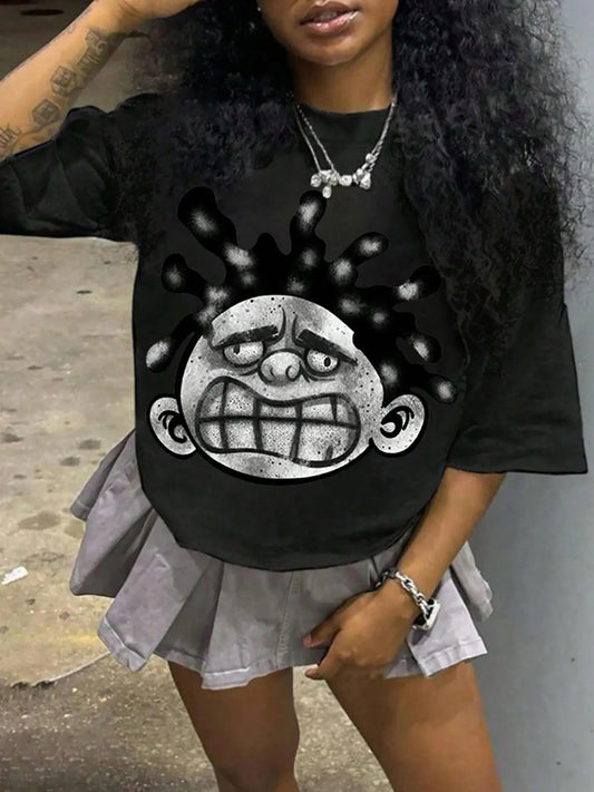 Women's Figure Face Print Round Neck Tee, Fashion Casual Short Sleeve T-Shirt for Daily Wear, Ladies Summer Clothes...