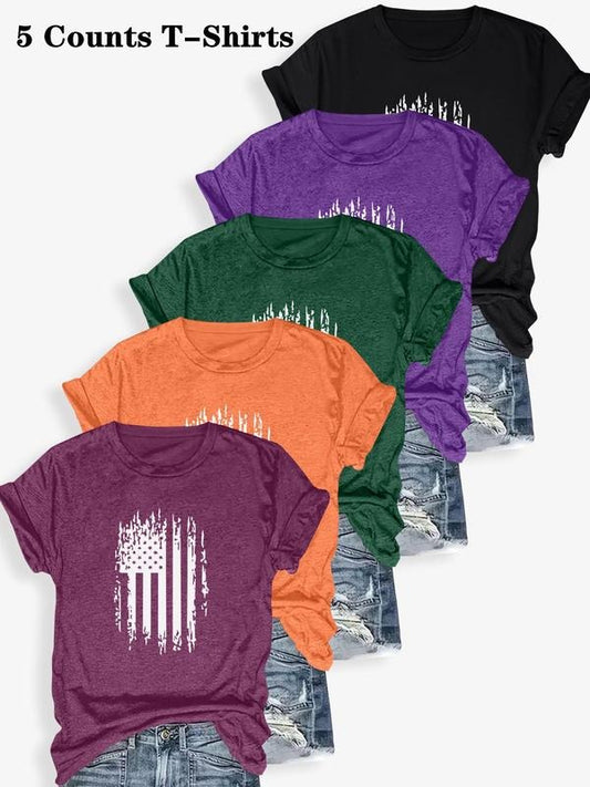 Women's Flag Print Round Neck Tee, Casual Short Sleeve Crew Neck T-shirt for Summer, Fashion Women's Top for Daily Wear...