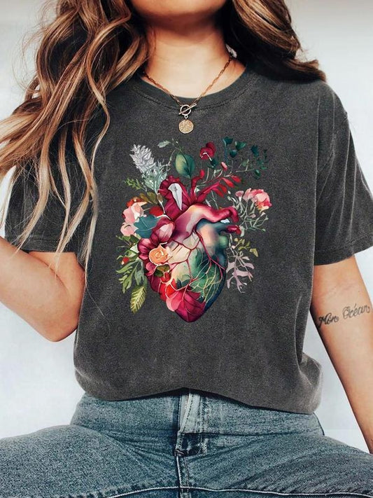Women's Floral  & Heart Print Round Neck Tee, Fashion Casual Crew Neck T-shirt for Daily Holiday Vacation Outdoor Wear,...