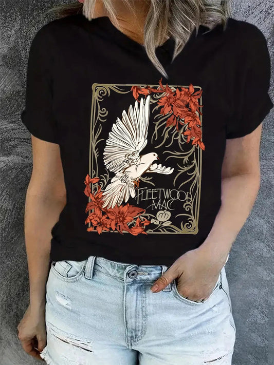 Women's Floral & Bird Print Round Neck Graphic Tee, Fashion Casual Short Sleeve T-shirt for Daily Wear, Ladies Clothes...