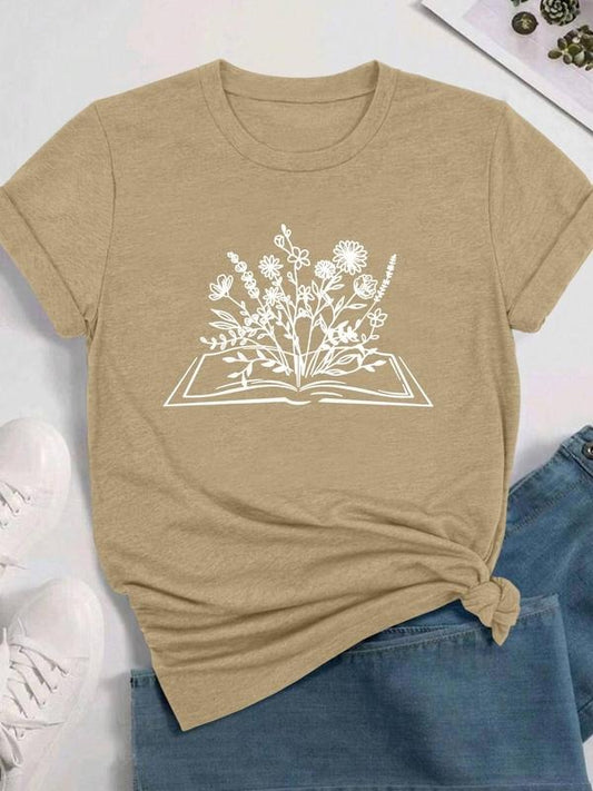 Women's Floral & Book Print Round Neck Tee, Casual Short Sleeve Crew Neck T-shirt for Daily Wear, Ladies Clothes for All...