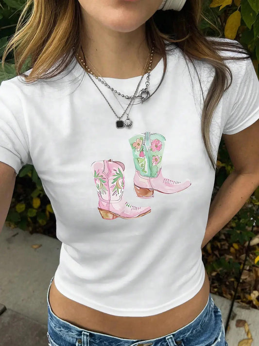 Women's Floral & Boots Print Round Neck Tee, Trendy Casual Short Sleeve Crew Neck T-shirt for Daily Wear, Ladies All...