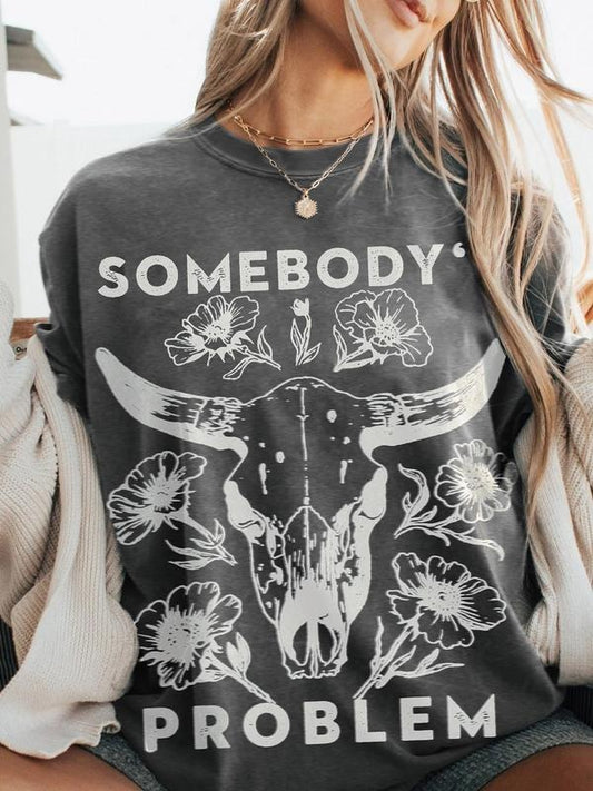 Women's Floral & Bull Head Print Round Neck Tee, Trendy Casual Long Sleeve Crew Neck T-shirt  for Daily Wear, Ladies...