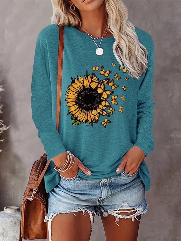 Women's Floral & Butterfly Print Round Neck Tee, Casual Long Sleeve Crew Neck T-shirt for Fall & Winter, Women's Clothes...