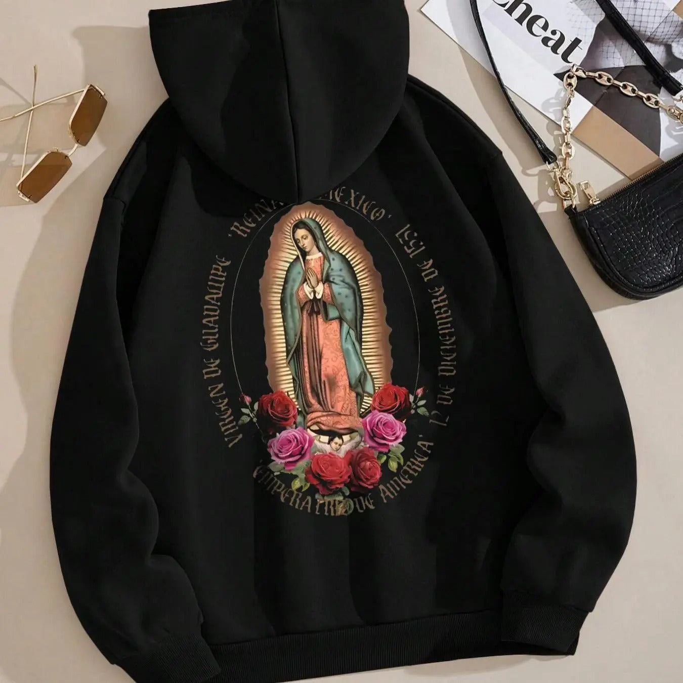 Women's Floral & Letter Print Drop Shoulder Hoodie, Fashion Casual Drawstring Pocket Hooded Sweatshirt for Daily Holiday...