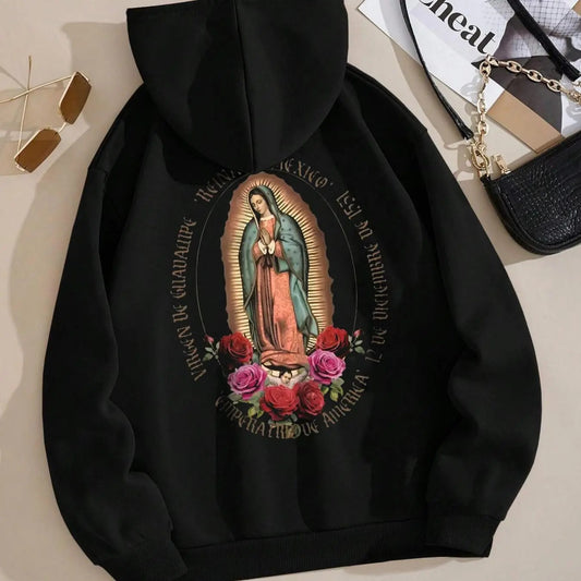 Women's Floral & Letter Print Drop Shoulder Hoodie, Fashion Casual Drawstring Pocket Hooded Sweatshirt for Daily Holiday...