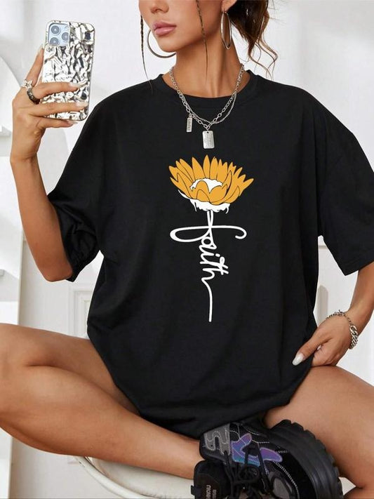 Women's Floral & Letter Print Drop Shoulder Tee, Casual Half Sleeve Round Neck T-Shirt for Summer, Women's Top for Daily...