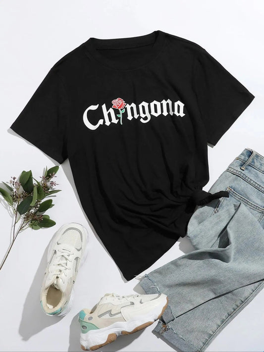 Women's Floral & Letter Print Drop Shoulder Tee, Casual Short Sleeve Round Neck T-Shirt for Summer, Women's Top for Daily...