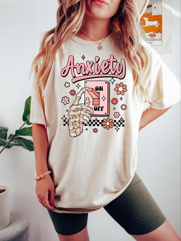 Women's Floral & Letter Print Drop Shoulder Tee, Casual Skeleton Hand Print Half Sleeve Round Neck T-shirt for Summer,...