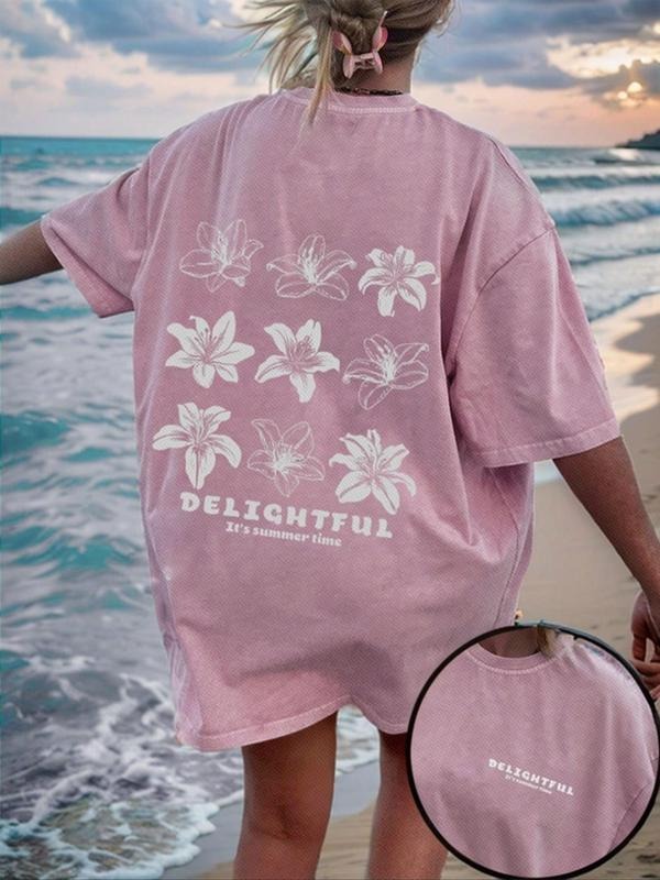 Women's Floral & Letter Print Round Neck Tee, Casual Drop Shoulder Half Sleeve T-shirt, Ladies Summer Outfit for Daily...