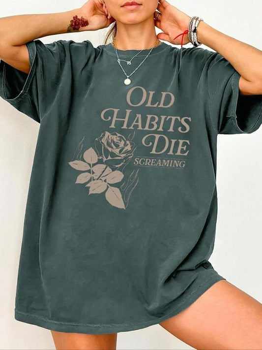 Women's Floral & Letter Print Round Neck Tee, Fashion Casual Drop Shoulder Short Sleeve T-Shirt for Daily Wear, Women's...