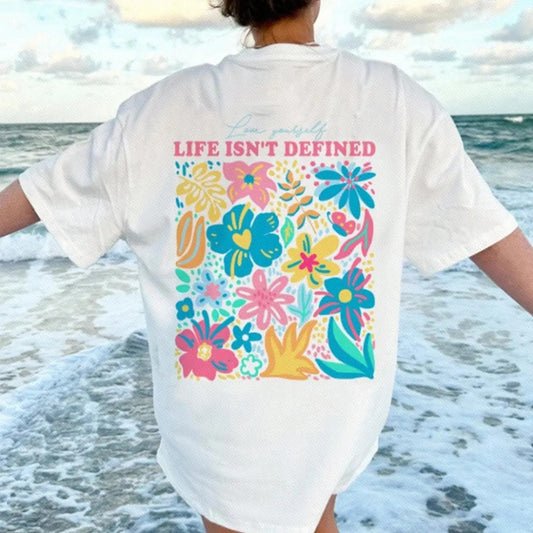 Women's Floral & Letter Print Round Neck Tee, Fashion Casual Drop Shoulder Short Sleeve T-shirt, Ladies Summer Clothes...