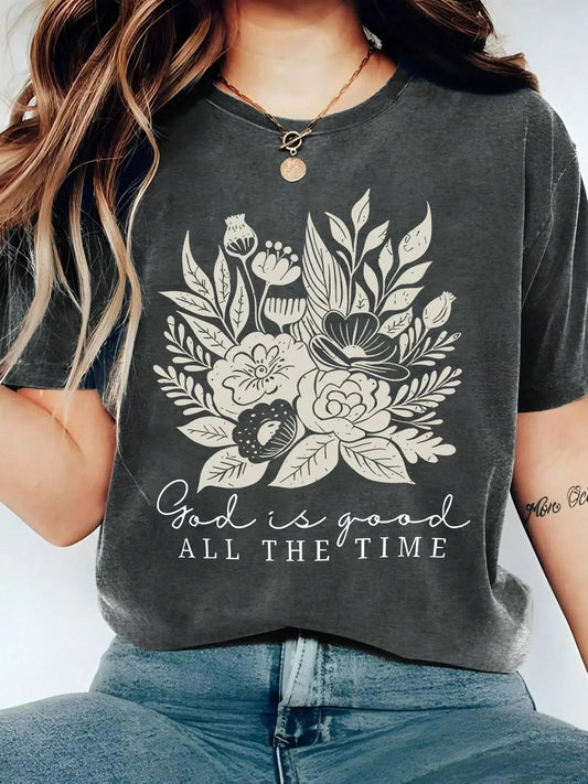 Women's Floral & Letter Print Round Neck Tee, Trendy Casual Short Sleeve Crew Neck T-shirt for Daily Wear, Ladies Summer...
