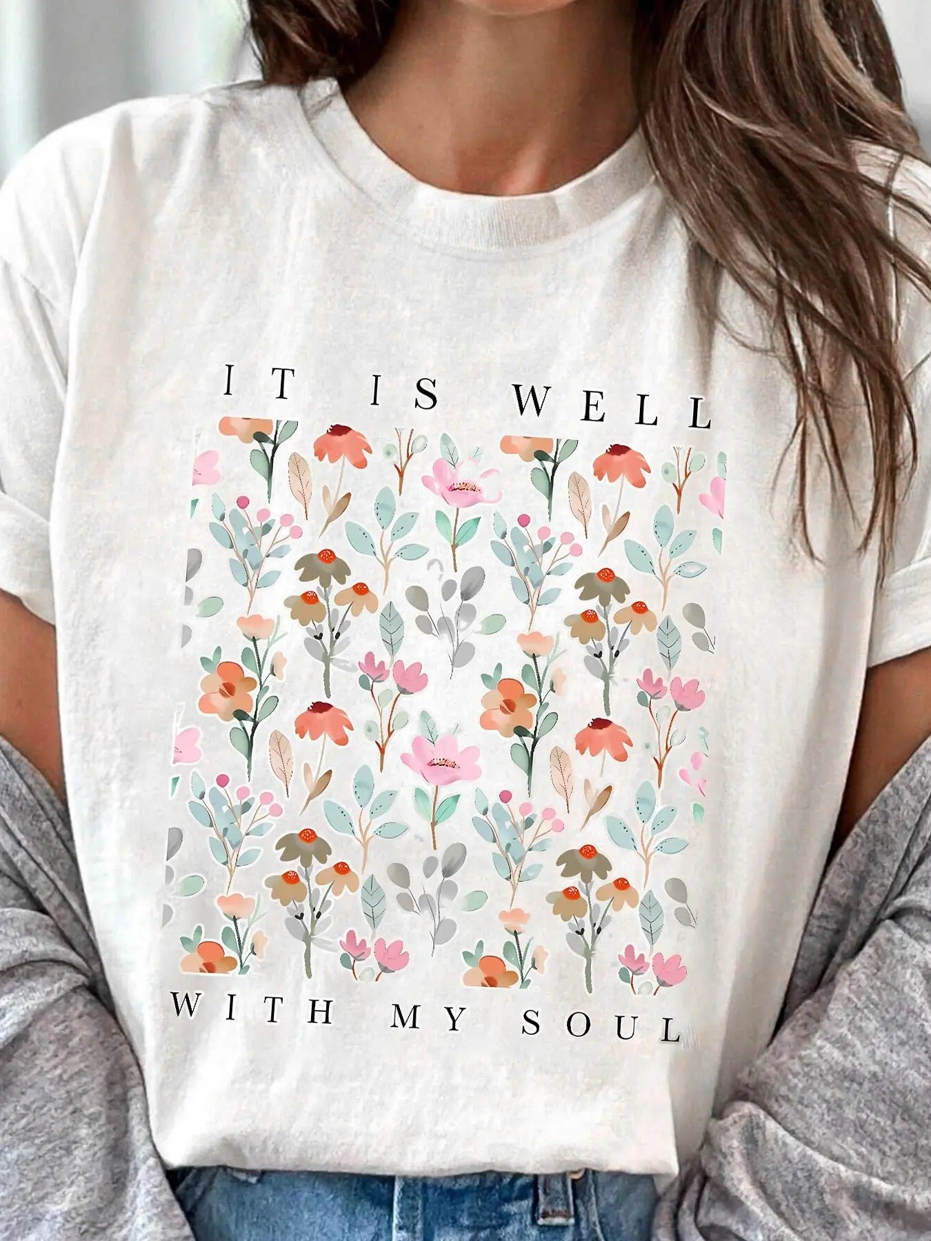 Women's Floral & Letter Print Round Neck Tee, Trendy Casual Short Sleeve T-shirt for Daily Wear, Ladies All Seasons Tops...