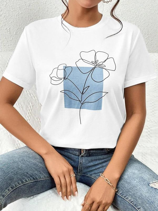 Women's Floral & Square Print Round Neck Tee, Casual Short Sleeve Crew Neck T-Shirt for Summer, Fashion Women's Top for...