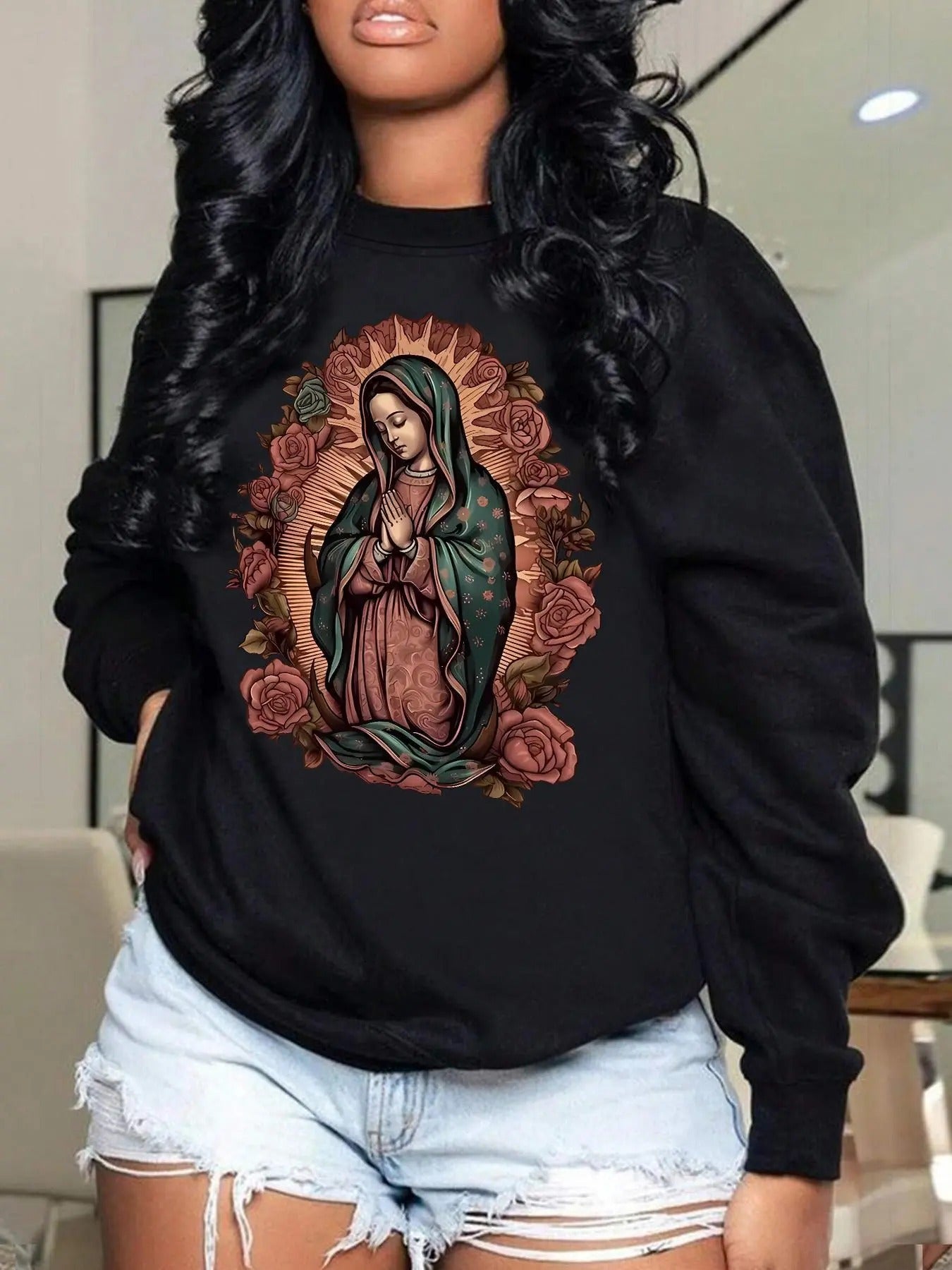 Women's Floral & Virgin Mary Print Drop Shoulder Sweatshirt, Casual Long Sleeve Round Neck Pullover for Fall & Winter,...