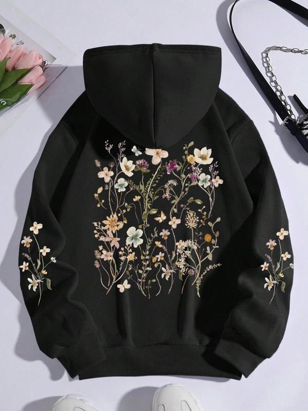 Women's Floral Print Drawstring Hoodie, Fashion Casual Pocket Hooded Sweatshirt for Daily Outdoor Wear, Women's Clothing...