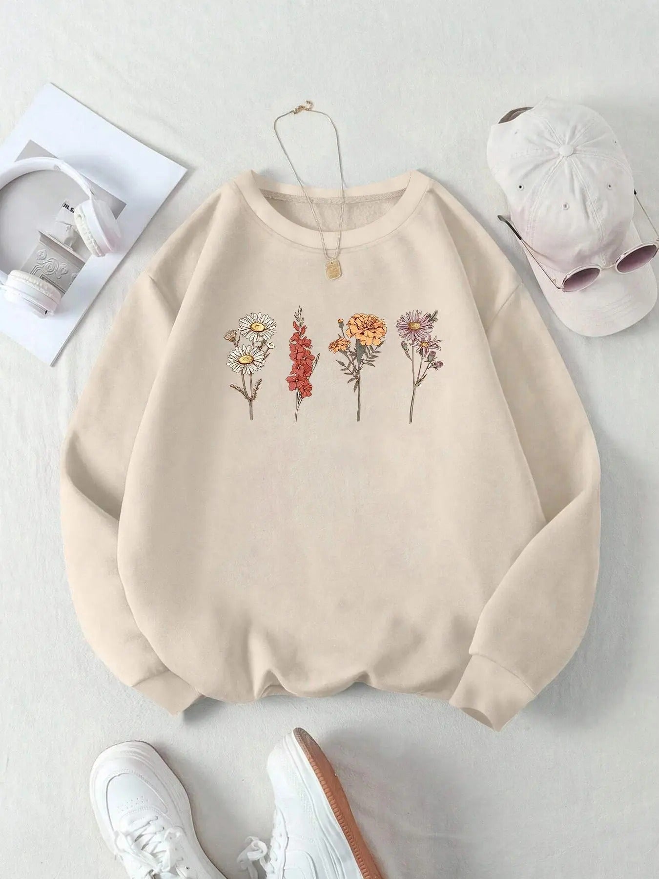 Women's Floral Print Drop Shoulder Sweatshirt, Casual Long Sleeve Round Neck Pullover for Daily Wear, Ladies Clothes for...