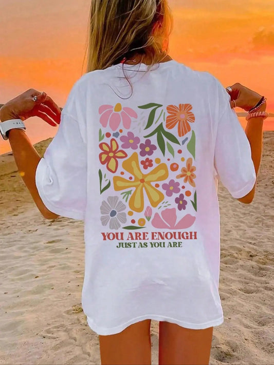 Women's Floral Print Drop Shoulder Tee, Casual Half Sleeve Round Neck T-Shirt for Summer, Ladies Clothes for Daily Wear...