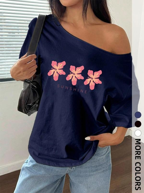 Women's Floral Print Off Shoulder Tee, Casual Lady Fashion Cap Sleeve T-shirt for Summer, Women's Top for Daily Wear...