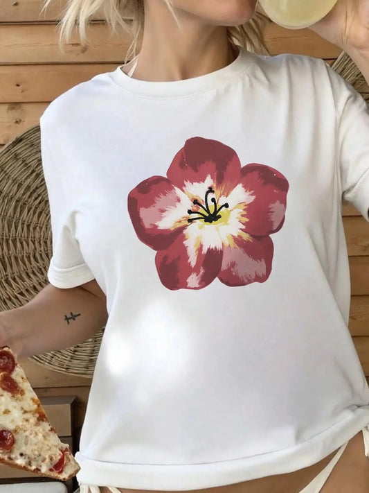 Women's Floral Print Round Neck Tee, Fashion Casual Crew Neck T-shirt for Daily Holiday Vacation Outdoor Wear, Ladies...