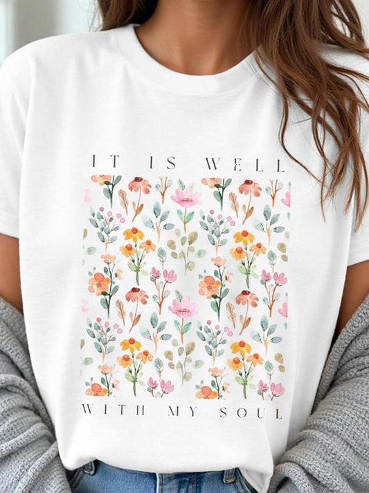 Women's Floral Print Round Neck Tee, Trendy Casual Crew Neck Short Sleeve T-Shirt for Daily Wear, Ladies Summer, Top...