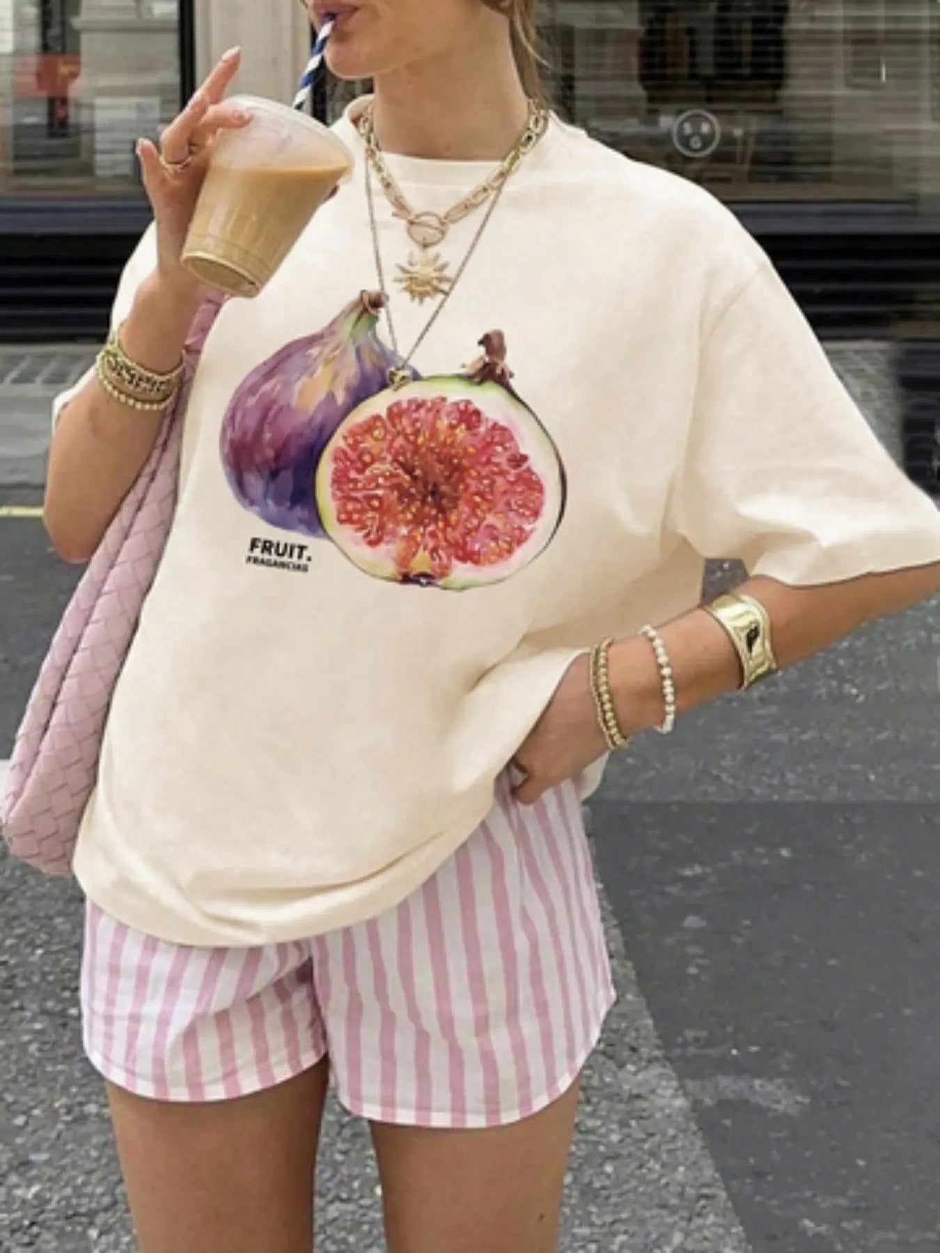 Women's Fruit Print Round Neck Tee, Casual Short Sleeve Crew Neck T-shirt for Daily Wear, Ladies Clothes for All Seasons,...