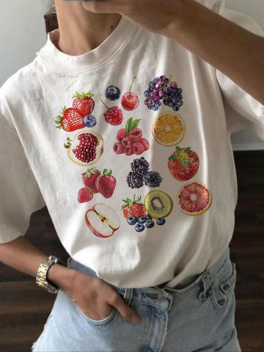 Women's Fruits Print Round Neck Tee, Casual Short Sleeve  T-shirt for Summer, Ladies Clothes for Daily Wear Hoodie,...