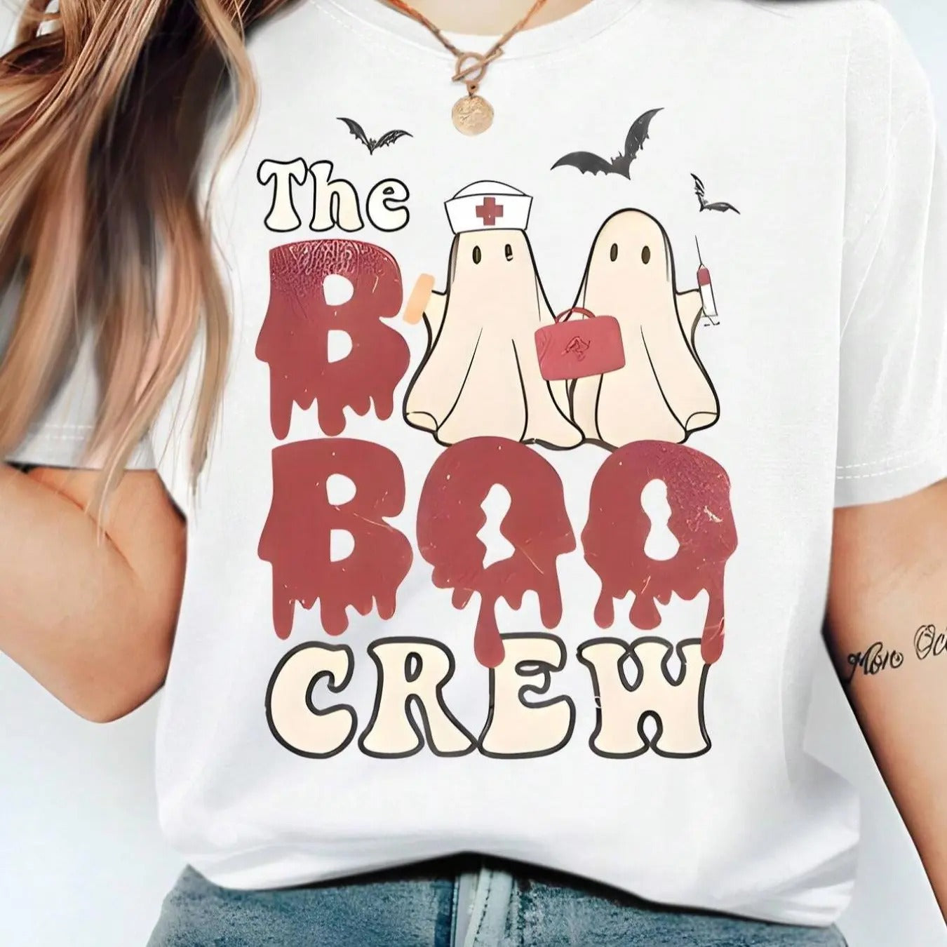 Women's Ghost & Letter Print Round Neck Tee, Fashion Casual Drop Shoulder Short Sleeve T-shirt for Daily Wear, Ladies...