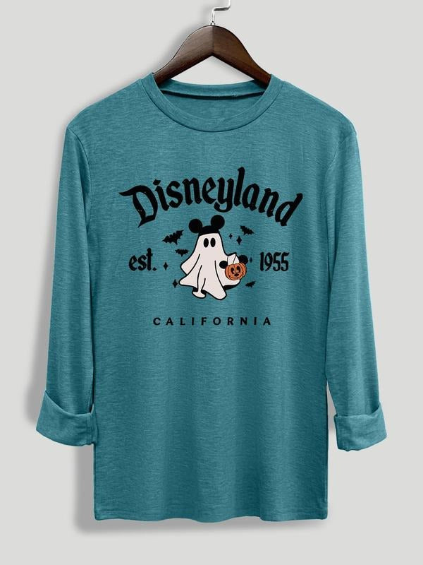 Women's Ghost & Letter Print Round Neck Tee, Halloween Casual Long Sleeve Crew Neck T-shirt for Daily Wear, Ladies...