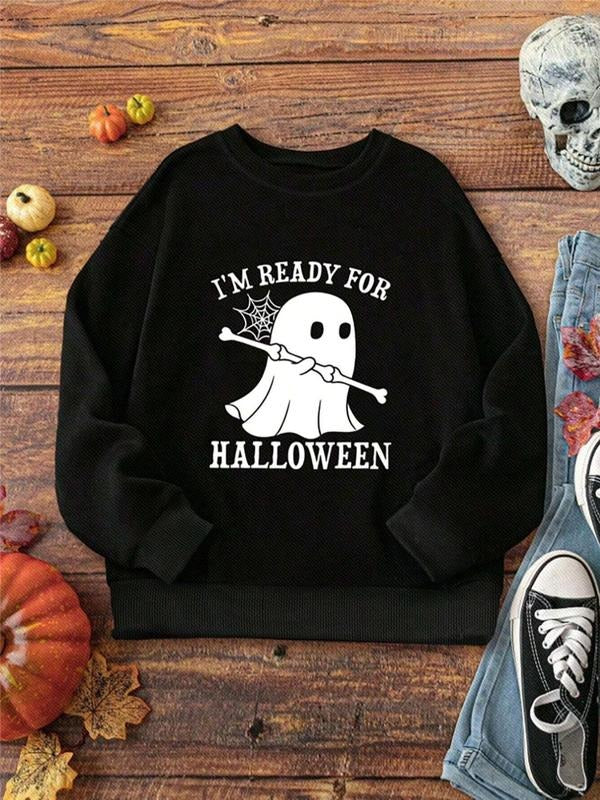 Women's Ghost & Letter Print Thermal Lined Sweatshirt, Casual Long Sleeve Round Neck Pullover for Halloween Daily Wear,...