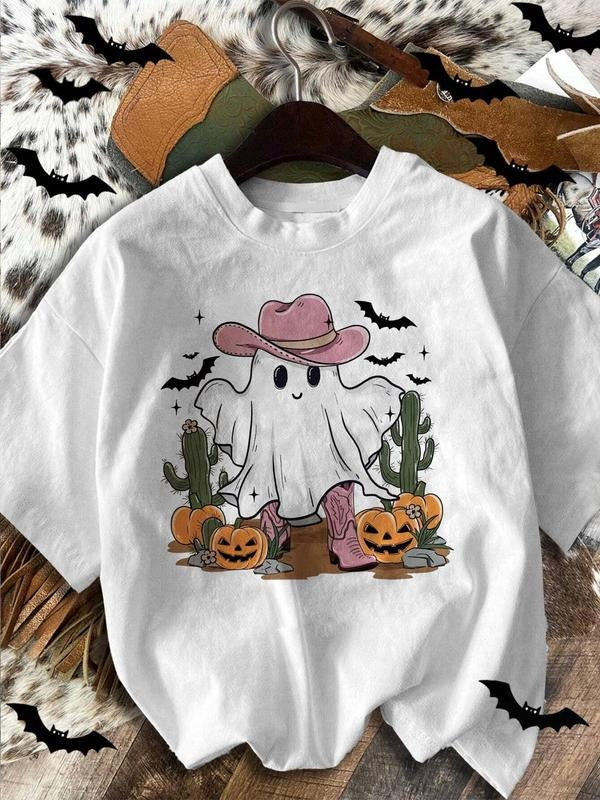 Women's Ghost & Pumpkin Print Round Neck Tee, Casual Halloween Graphic Short Sleeve T-Shirt for Summer, Ladies Clothes...
