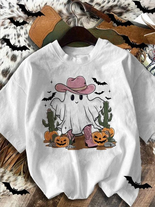 Women's Ghost & Pumpkin Print Round Neck Tee, Casual Halloween Graphic Short Sleeve T-Shirt for Summer, Ladies Clothes...