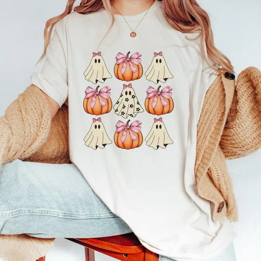 Women's Ghost & Pumpkin Print Round Neck Tee, Fashion Casual Drop Shoulder Half Sleeve T-shirt for Daily Holiday Vacation...