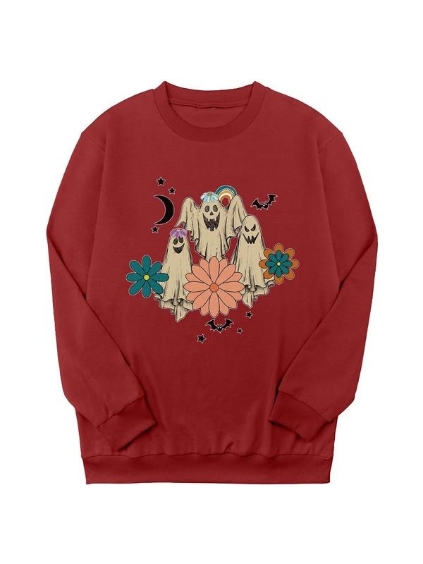Women's Ghost Print Crew Neck Sweatshirt, Casual Halloween Long Sleeve Pullover Sweatshirt for Daily Wear, Women's...