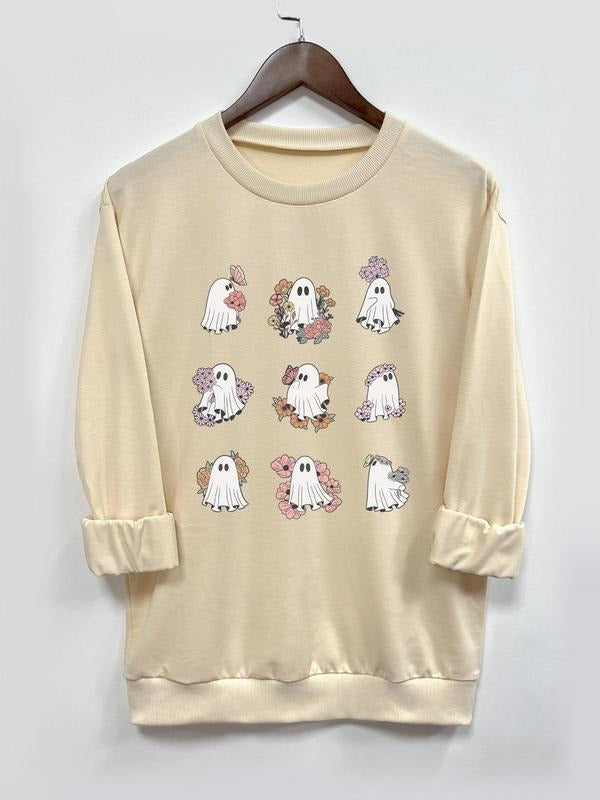 Women's Ghost Print Crew Neck Sweatshirt, Casual Long Sleeve Pullover for Fall & Winter, Women's Clothes for Daily Wear...