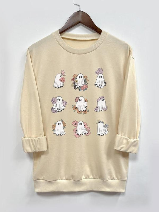 Women's Ghost Print Crew Neck Sweatshirt, Casual Long Sleeve Pullover for Fall & Winter, Women's Clothes for Daily Wear...